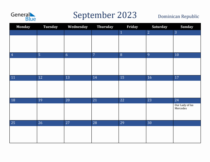 September 2023 Dominican Republic Calendar (Monday Start)