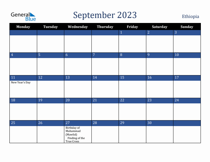 September 2023 Ethiopia Calendar (Monday Start)