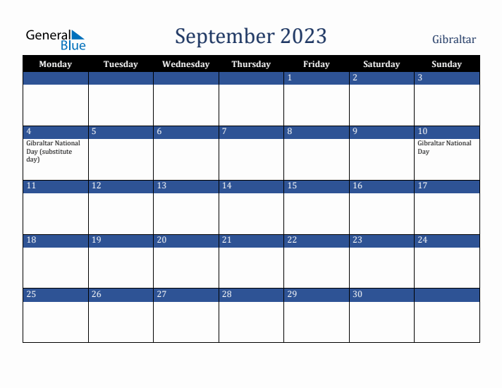 September 2023 Gibraltar Calendar (Monday Start)