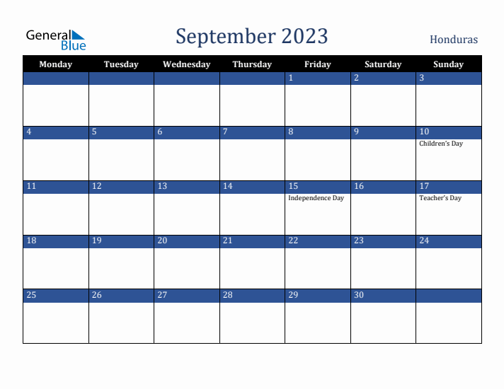 September 2023 Honduras Calendar (Monday Start)