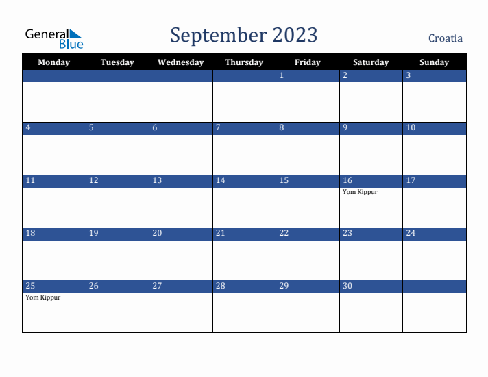September 2023 Croatia Calendar (Monday Start)