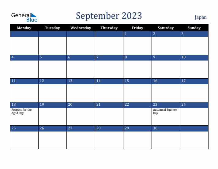 September 2023 Japan Calendar (Monday Start)