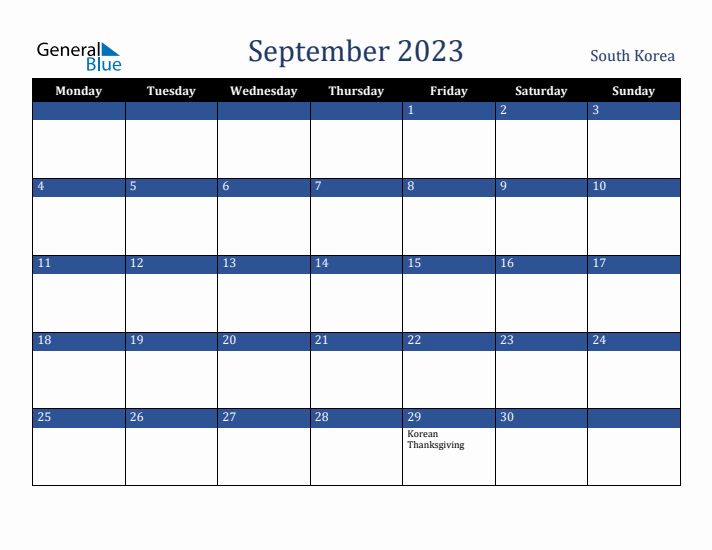 September 2023 South Korea Calendar (Monday Start)