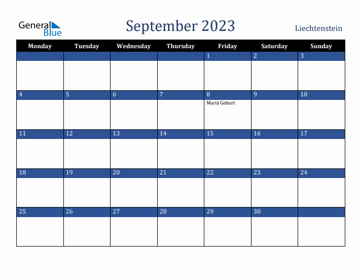 September 2023 Liechtenstein Calendar (Monday Start)