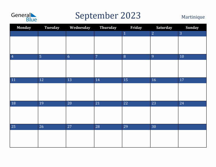 September 2023 Martinique Calendar (Monday Start)