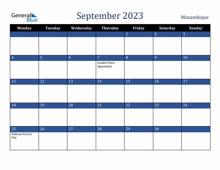 September 2023 Mozambique Calendar (Monday Start)