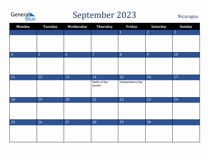 September 2023 Nicaragua Calendar (Monday Start)