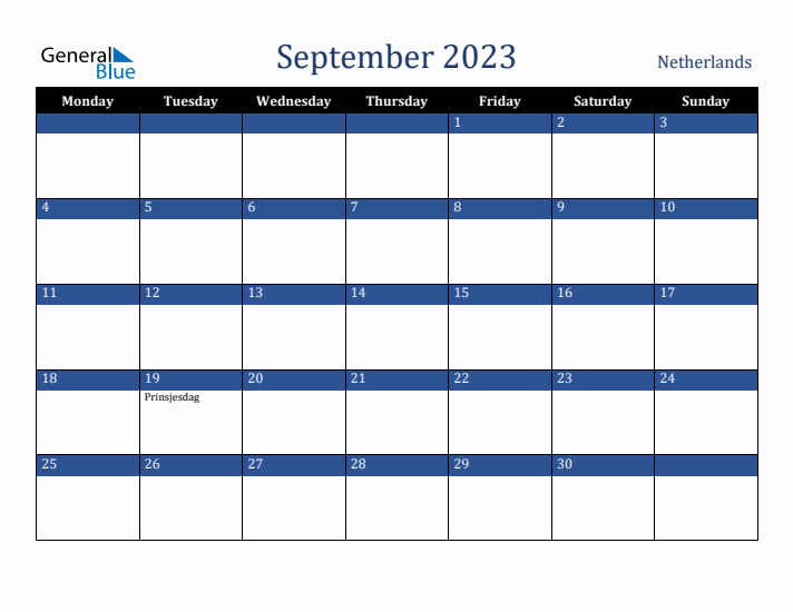 September 2023 The Netherlands Calendar (Monday Start)