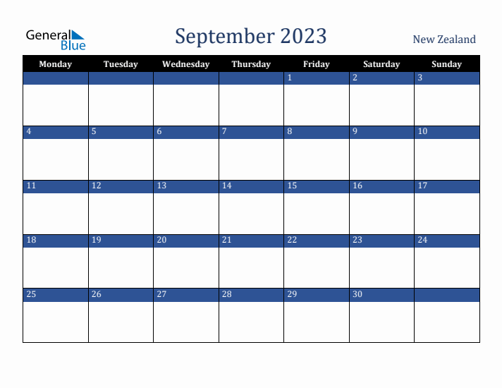 September 2023 New Zealand Calendar (Monday Start)