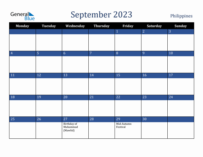 September 2023 Philippines Calendar (Monday Start)