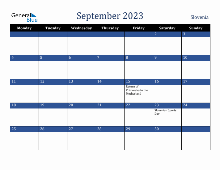 September 2023 Slovenia Calendar (Monday Start)