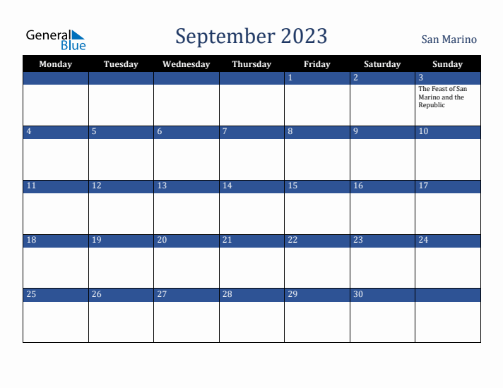 September 2023 San Marino Calendar (Monday Start)