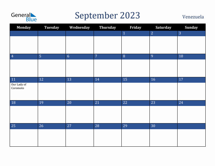 September 2023 Venezuela Calendar (Monday Start)
