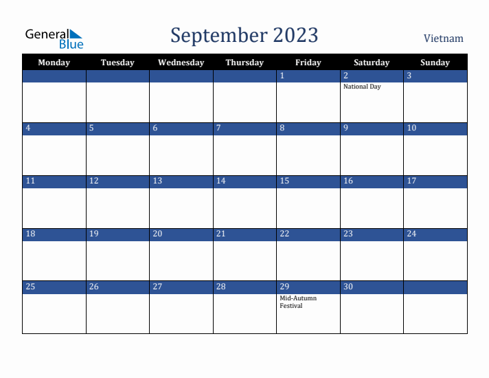 September 2023 Vietnam Calendar (Monday Start)