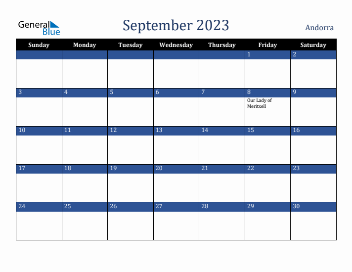 September 2023 Andorra Calendar (Sunday Start)