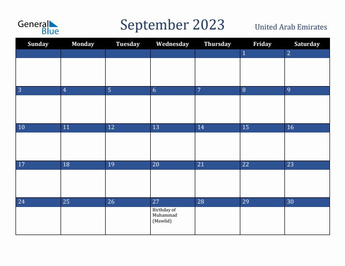September 2023 United Arab Emirates Calendar (Sunday Start)