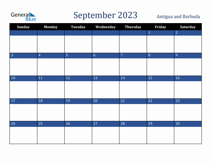 September 2023 Antigua and Barbuda Calendar (Sunday Start)