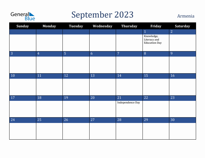 September 2023 Armenia Calendar (Sunday Start)