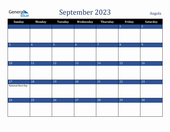 September 2023 Angola Calendar (Sunday Start)