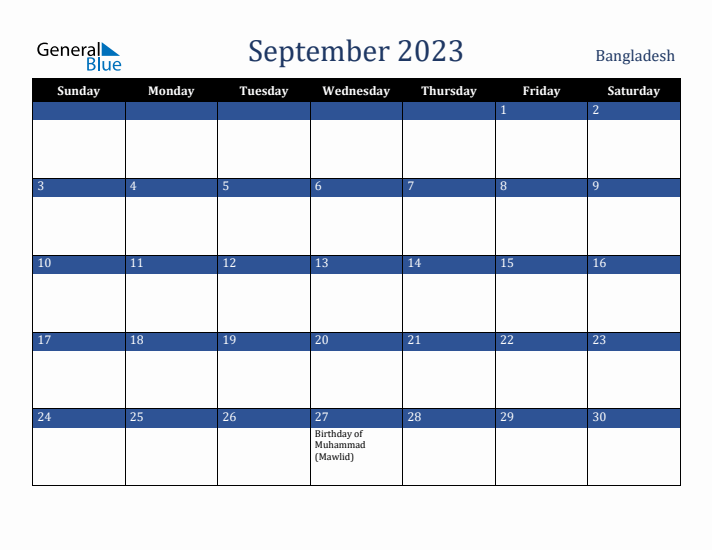 September 2023 Bangladesh Calendar (Sunday Start)
