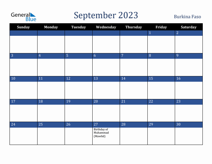 September 2023 Burkina Faso Calendar (Sunday Start)