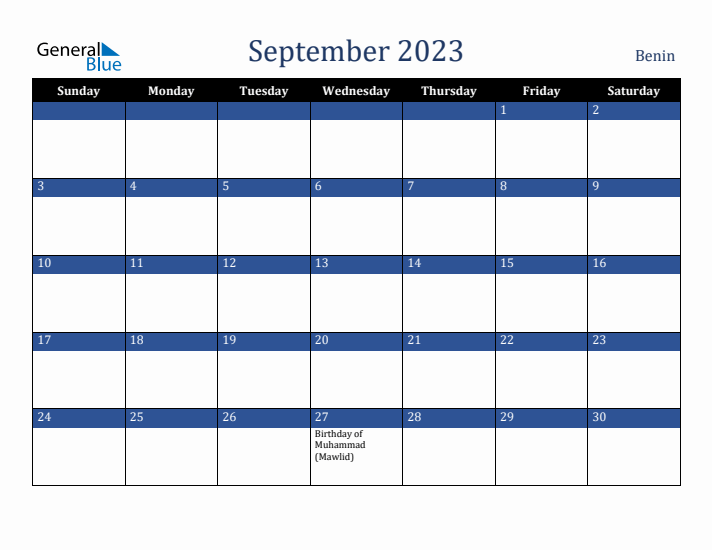 September 2023 Benin Calendar (Sunday Start)
