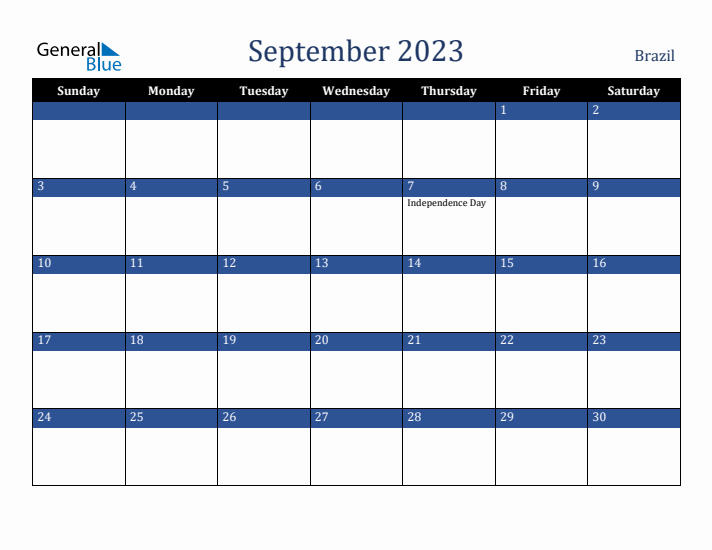 September 2023 Brazil Calendar (Sunday Start)