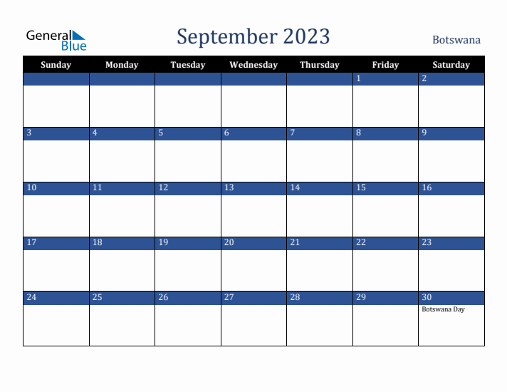 September 2023 Botswana Calendar (Sunday Start)