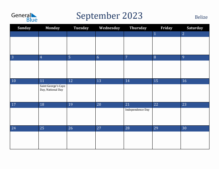 September 2023 Belize Calendar (Sunday Start)