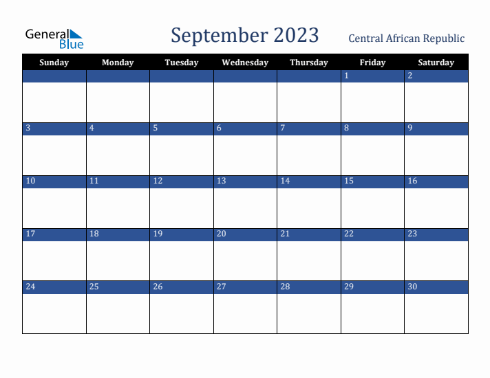 September 2023 Central African Republic Calendar (Sunday Start)