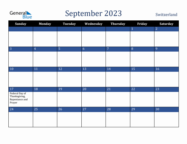 September 2023 Switzerland Calendar (Sunday Start)