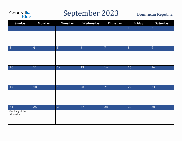 September 2023 Dominican Republic Calendar (Sunday Start)