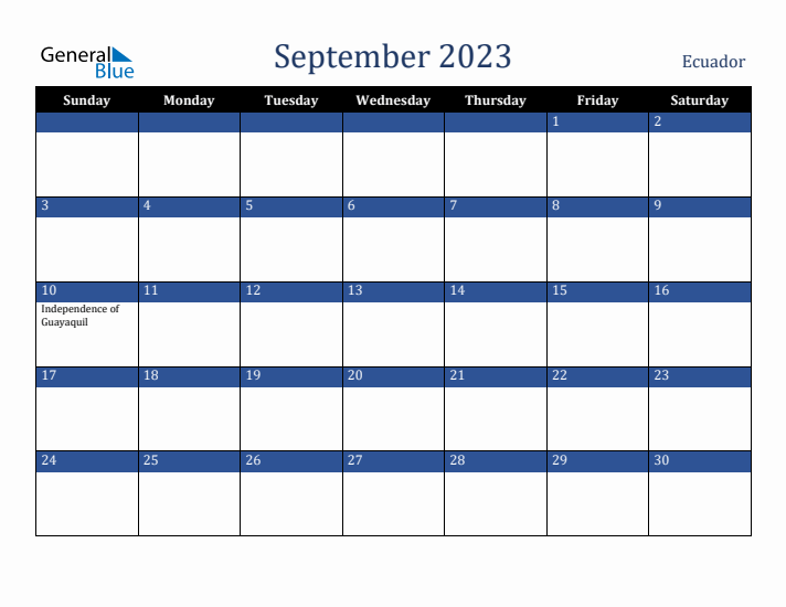 September 2023 Ecuador Calendar (Sunday Start)