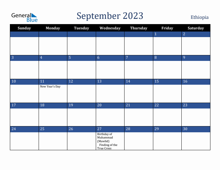 September 2023 Ethiopia Calendar (Sunday Start)
