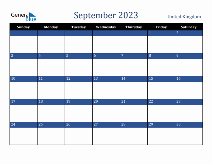 September 2023 United Kingdom Calendar (Sunday Start)