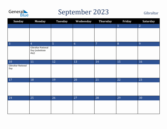 September 2023 Gibraltar Calendar (Sunday Start)