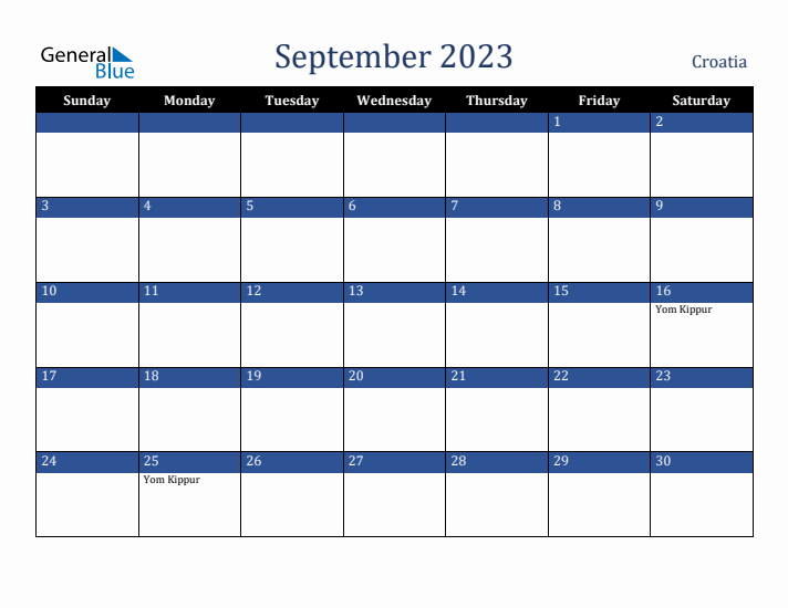 September 2023 Croatia Calendar (Sunday Start)