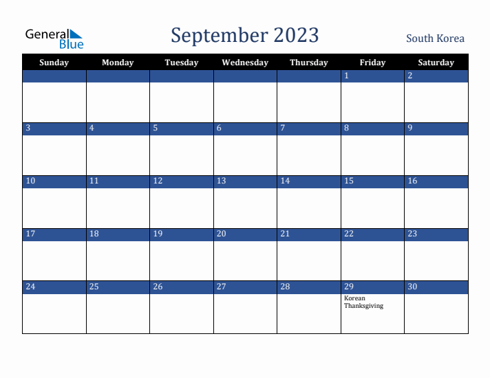 September 2023 South Korea Calendar (Sunday Start)