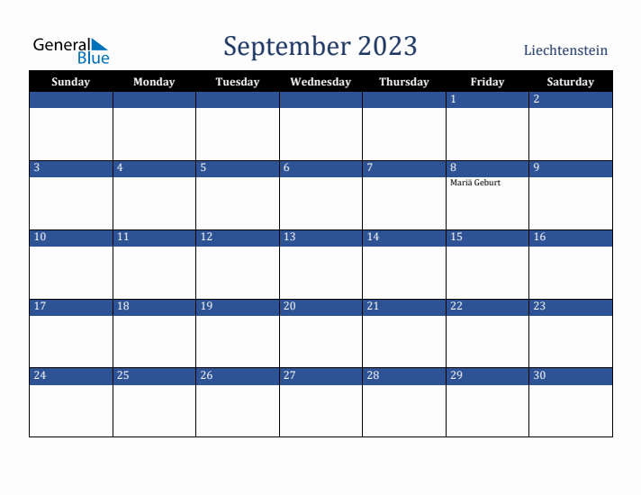 September 2023 Liechtenstein Calendar (Sunday Start)