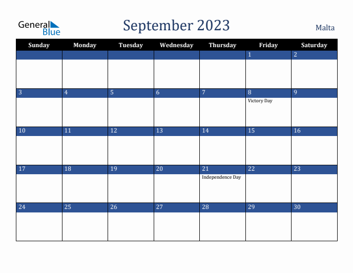 September 2023 Malta Calendar (Sunday Start)