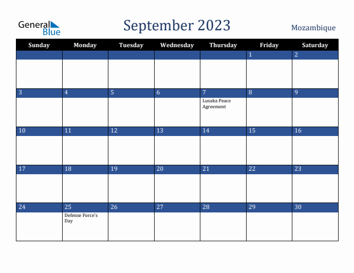 September 2023 Mozambique Calendar (Sunday Start)