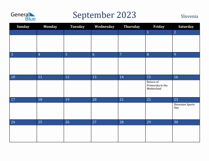 September 2023 Slovenia Calendar (Sunday Start)