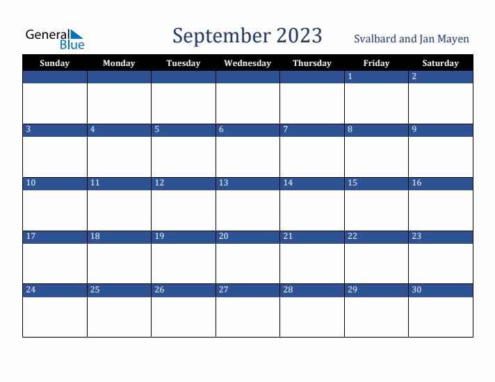 September 2023 Svalbard and Jan Mayen Calendar (Sunday Start)