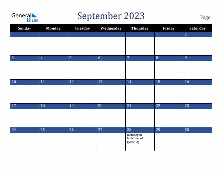 September 2023 Togo Calendar (Sunday Start)