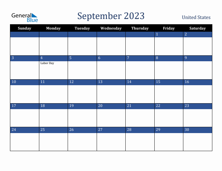 September 2023 United States Calendar (Sunday Start)