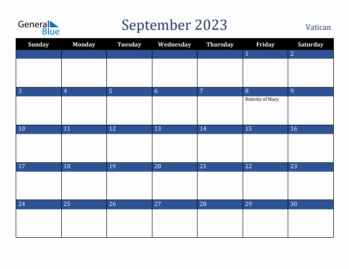 September 2023 Vatican Calendar (Sunday Start)