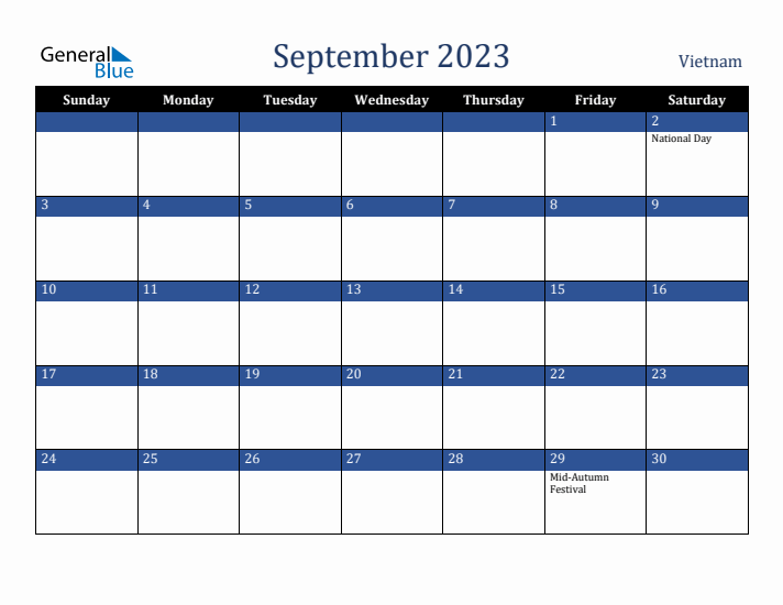 September 2023 Vietnam Calendar (Sunday Start)