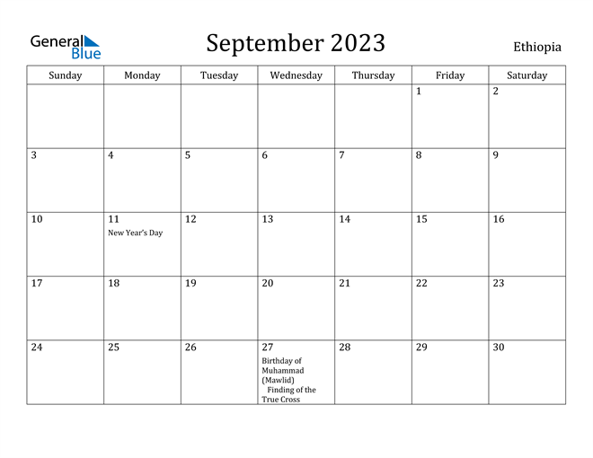 September 2023 Calendar with Ethiopia Holidays