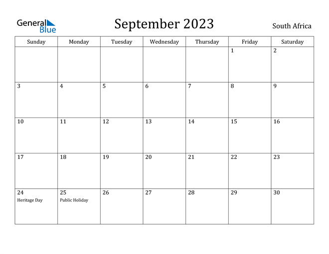 South Africa September 2023 Calendar With Holidays