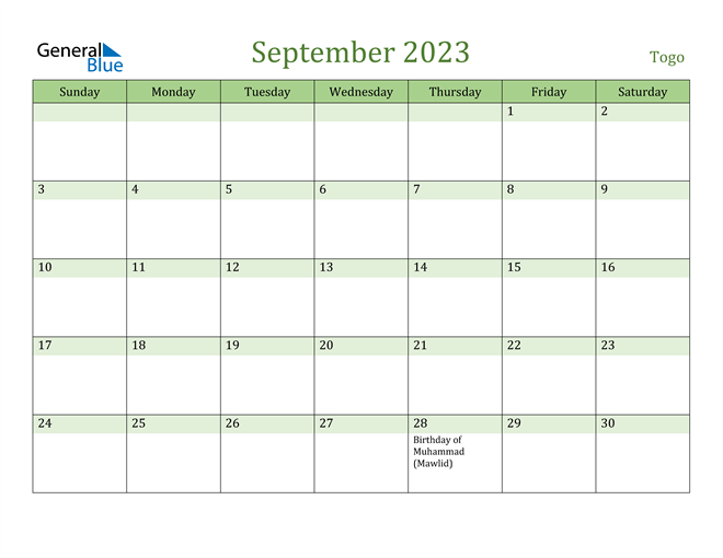 September 2023 Calendar with Togo Holidays